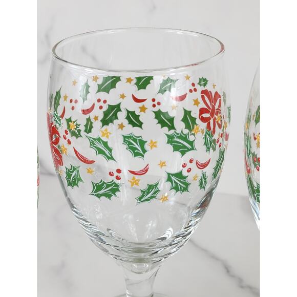 Libbey Christmas Holly and Ribbon Water Goblets 16oz Holiday 80s x4 Made in USA - Picture 7 of 12